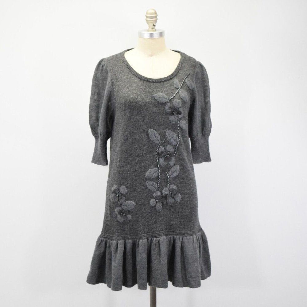 By Malene Birger Gray Wool Rosette Floral Sweater Dress